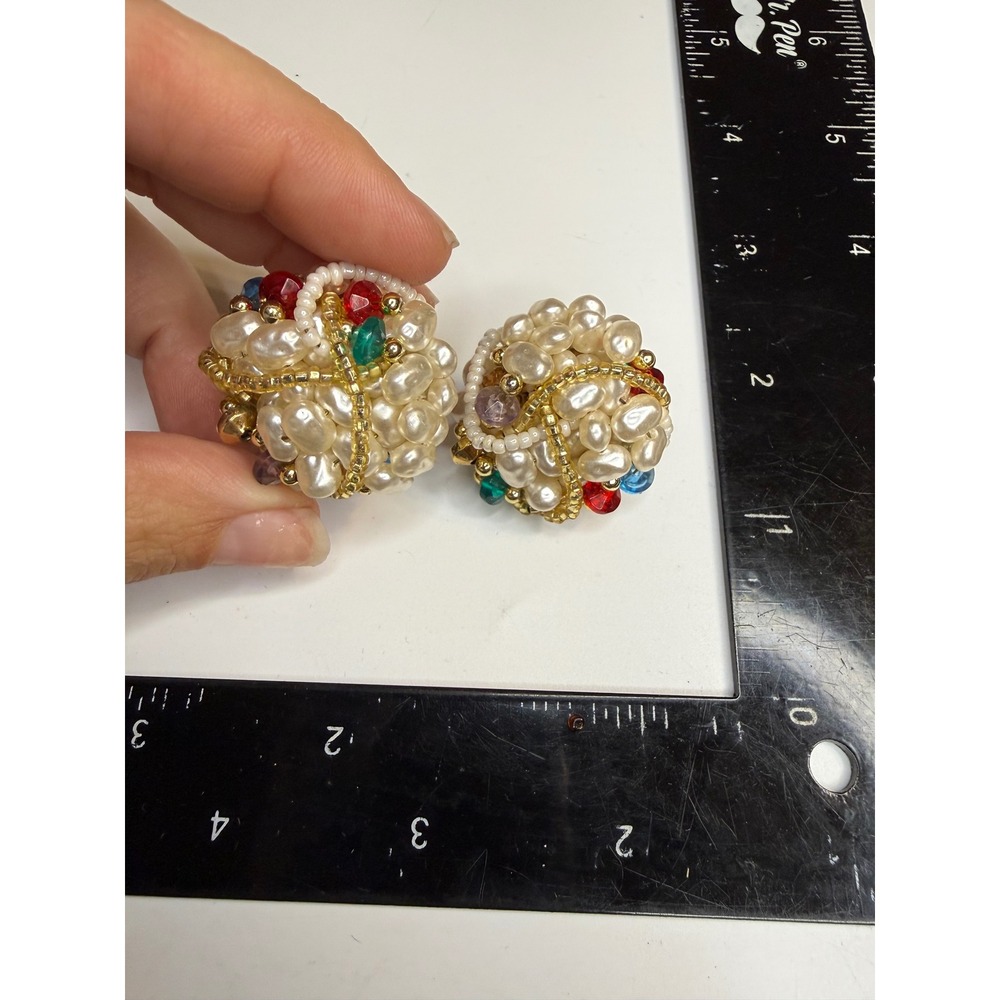 Vintage Faux Pearl Cluster Clip On Earrings Multi Color Jewel Bead Gold Tone 1"